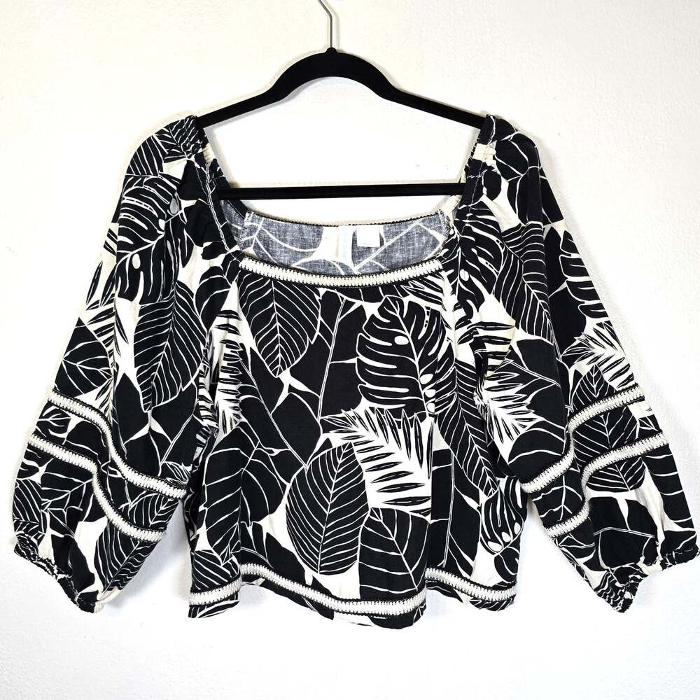 Cynthia Rowley Tropical Leaf Linen Blend Blouse Women's L Black Cream Coastal